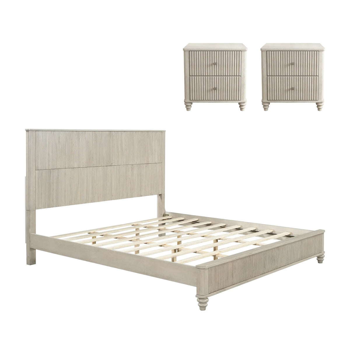 Modern Beige Solid Wood King Bed and 2 Nightstands Set